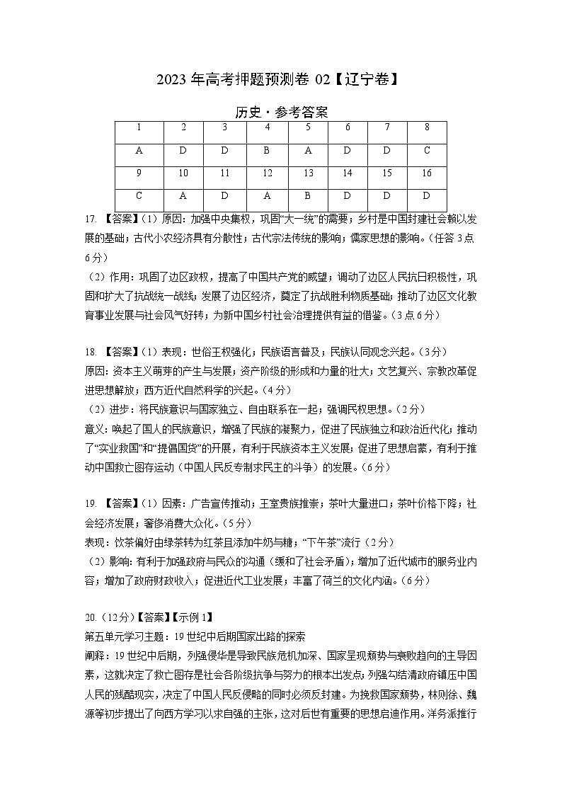 2023年高考历史押题卷02（辽宁卷）（参考答案）第1页