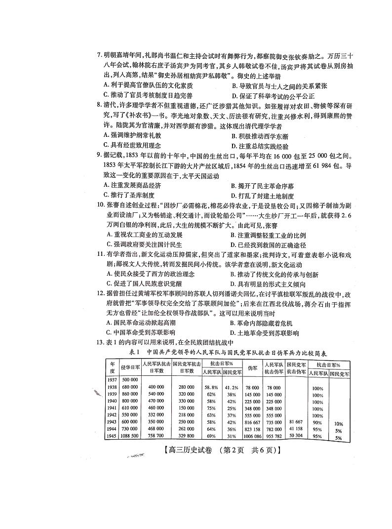 2022-2023学年高三年级TOP二十名校九月摸底考试  历史试题  PDF版无答案第2页