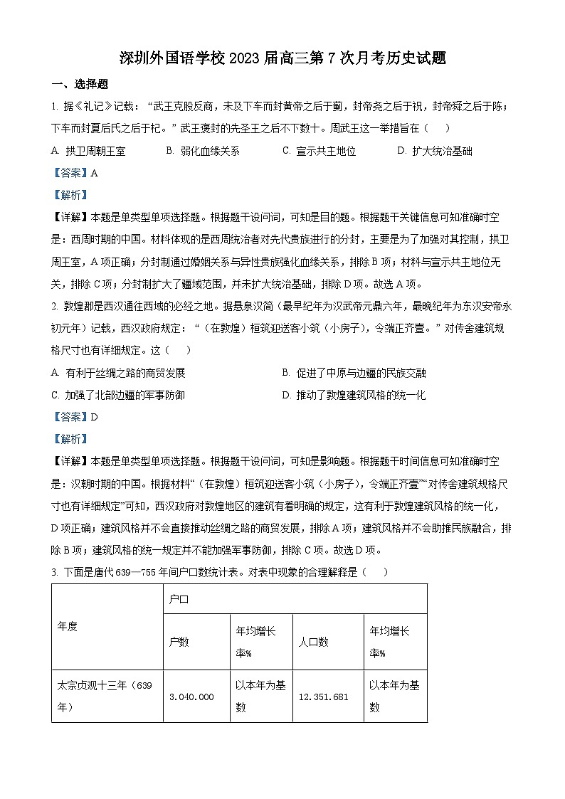 广东省深圳外国语学校2022-2023学年高三历史第七次月考试题（Word版附答案）第1页