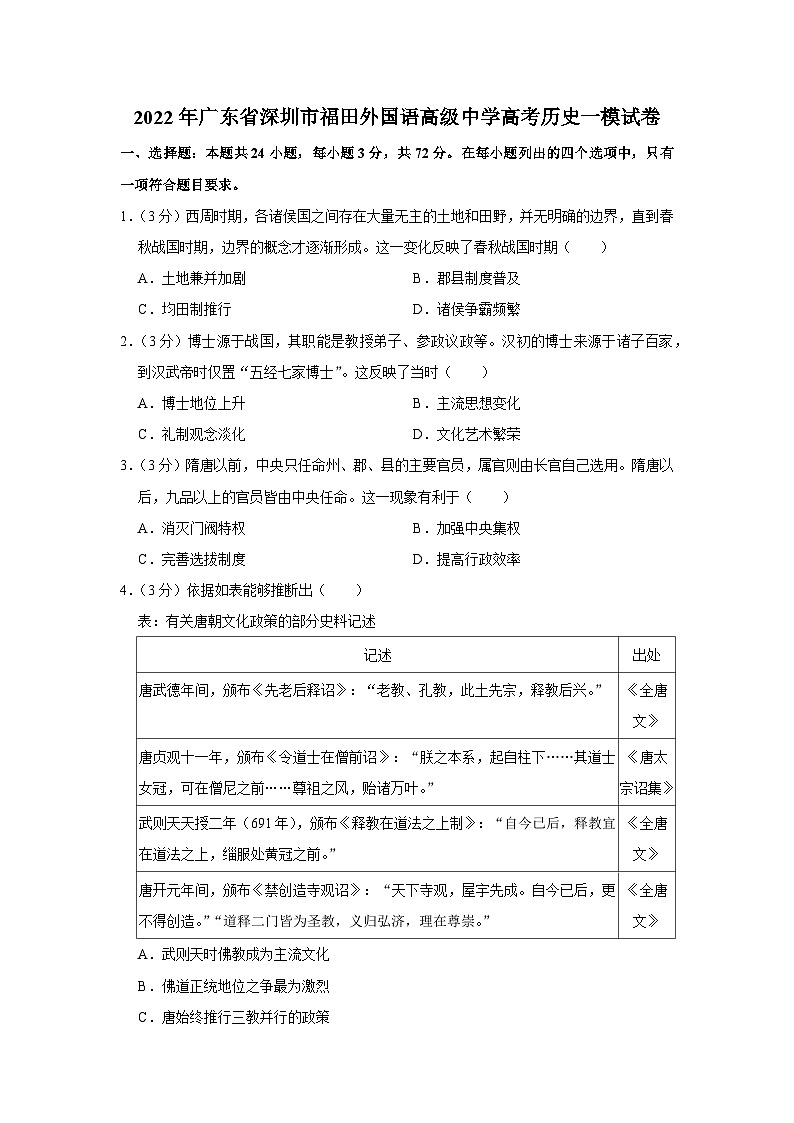 2022年广东省深圳市福田外国语高级中学高考历史一模试卷第1页