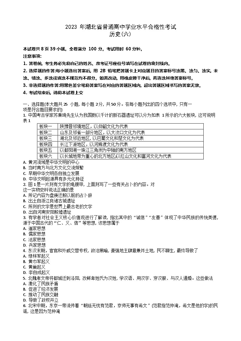 2023年湖北省普通高中学业水平合格性考试模拟（六）历史试题01