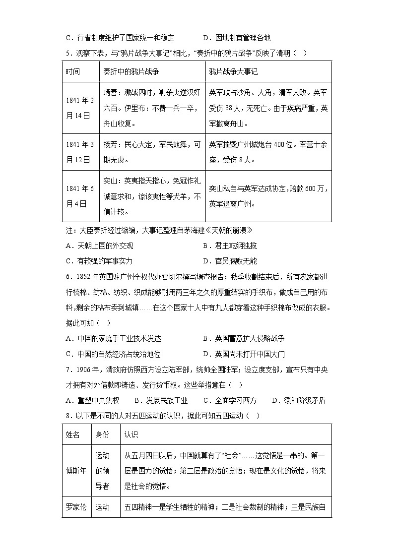 山西省临汾市2023届高三二模文综历史试题（无答案）02