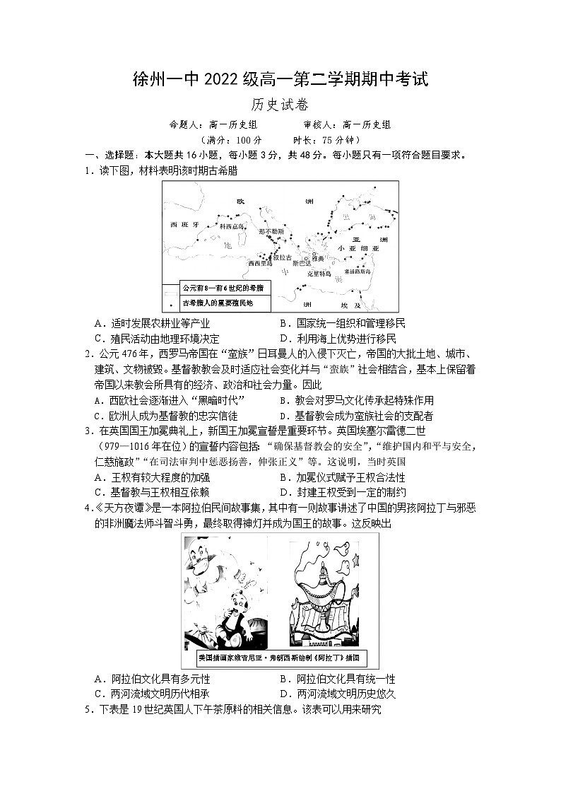 江苏省徐州市第一中学2022-2023学年高一下学期期中考试历史试卷01