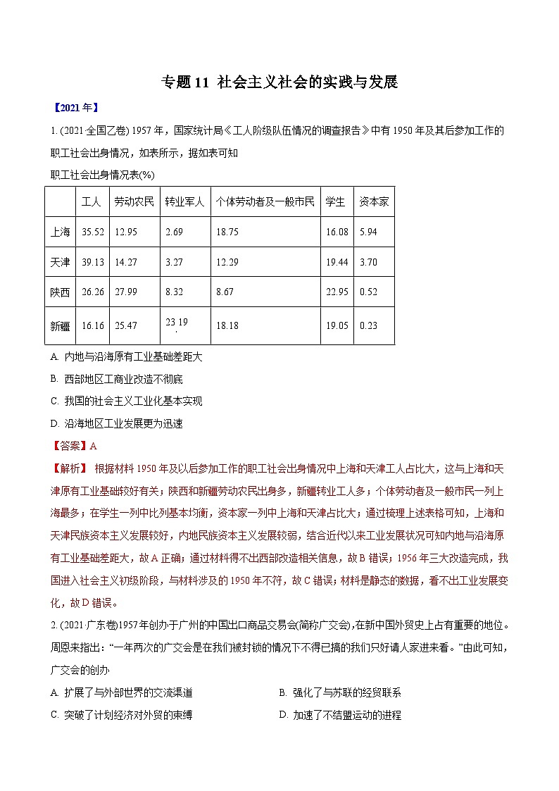 专题11 社会主义社会的实践与发展（含解析）2012-2021年高考历史真题分专题训练第1页