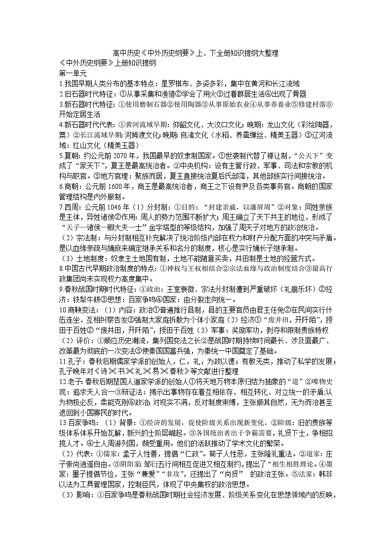 高中历史《中外历史纲要》上、下全册知识提纲大整理复习提纲01