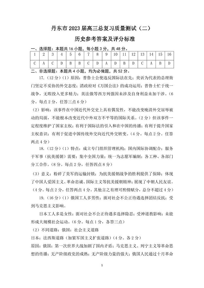 2023届辽宁省丹东市高三总复习质量测试（二）历史答案第1页