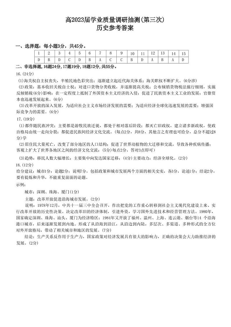 重庆市主城区2023届高三下学期5月学业质量调研抽测（第三次）历史参考答案01