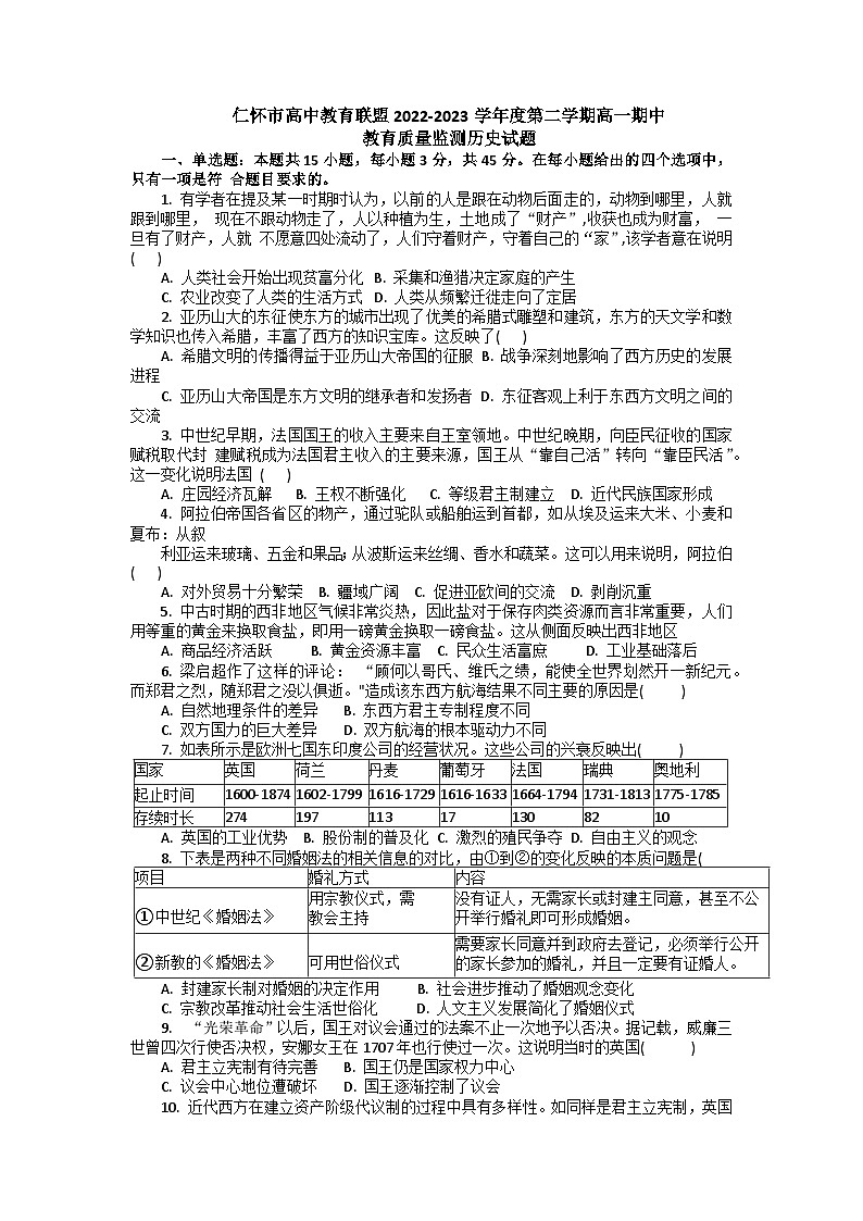 贵州省仁怀市高中教育联盟2022-2023学年高一下学期期中考试历史试题01