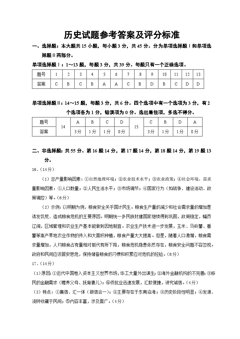 海口市高考模拟试题 历史学科参考答案及评分标准第1页