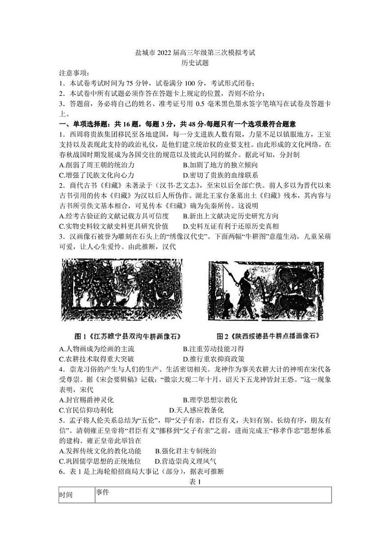 盐城市2022届高三三模5月份历史试卷及答案01
