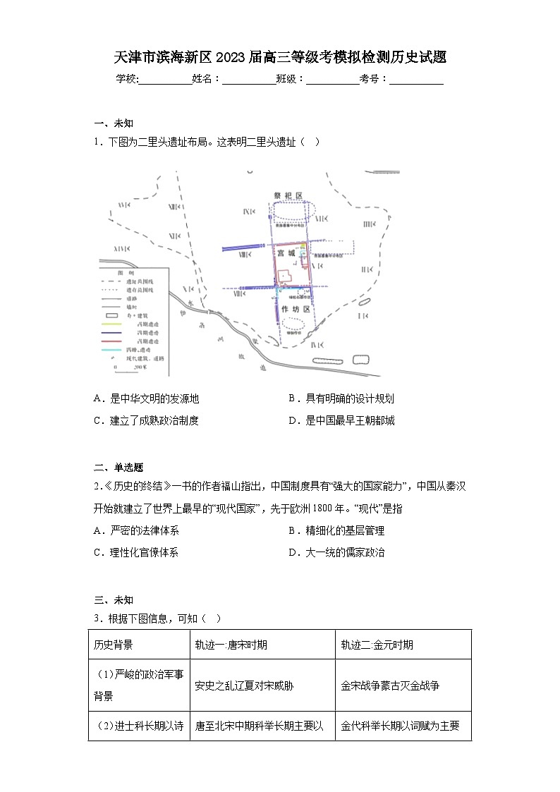 天津市滨海新区2023届高三等级考模拟检测历史试题（无答案）01