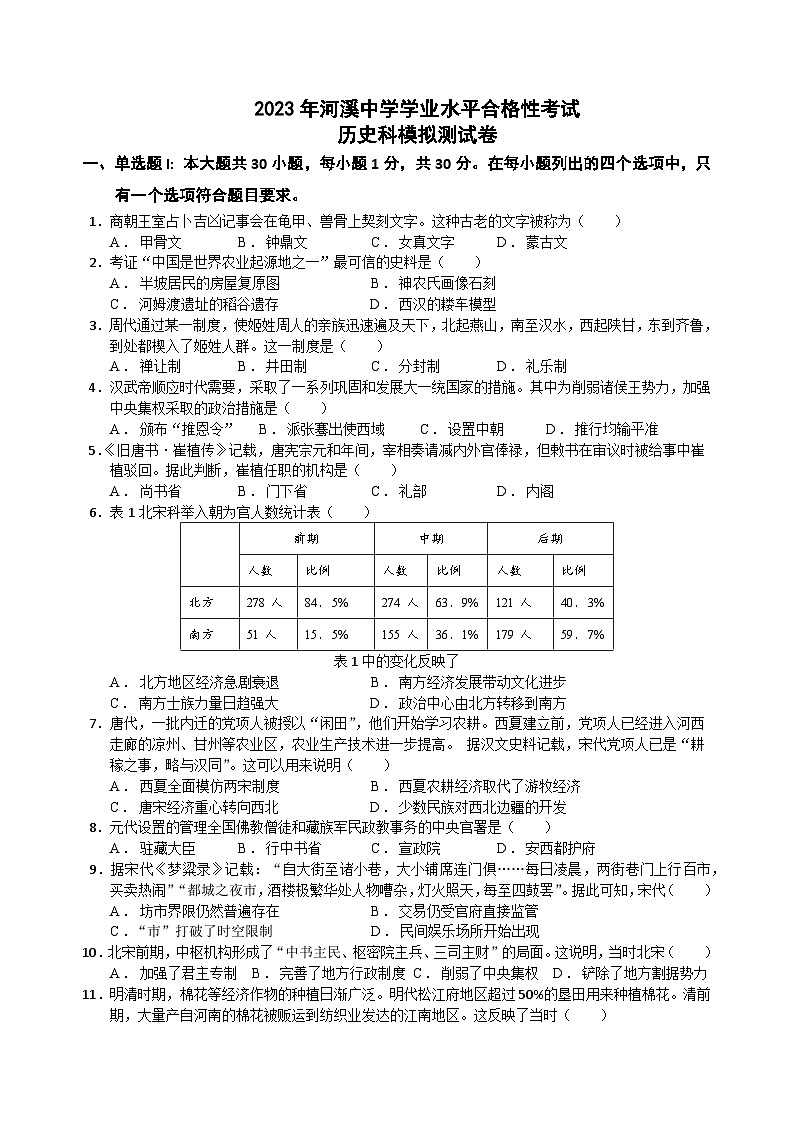 2023年河溪中学学业水平合格性考试历史科模拟测试卷第1页