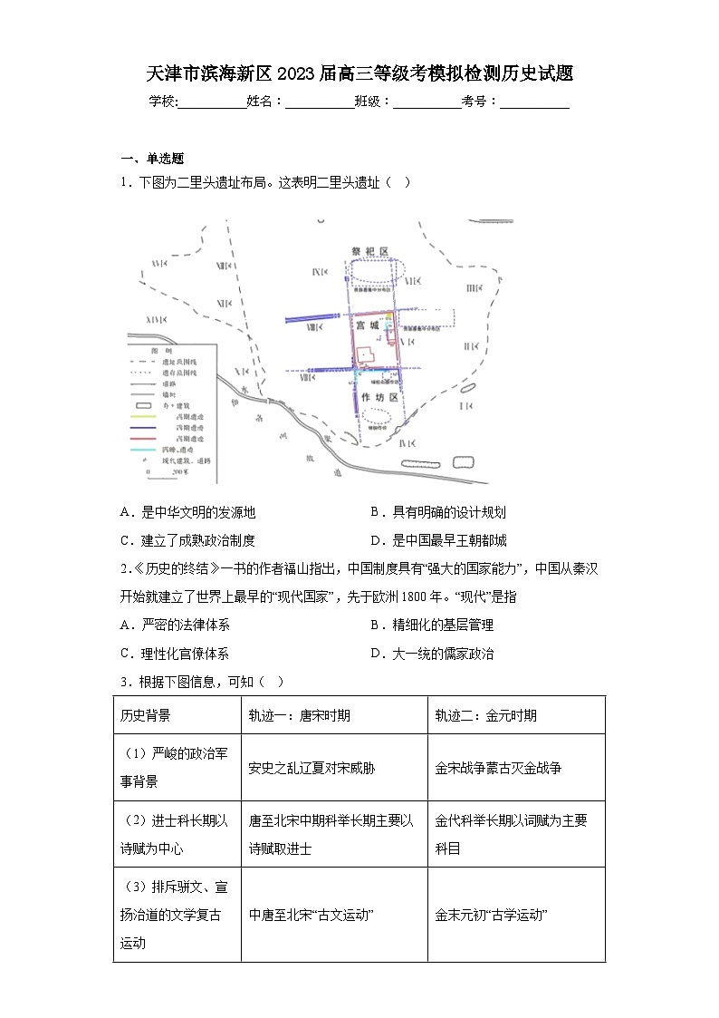 天津市滨海新区2023届高三等级考模拟检测历史试题（含解析）第1页