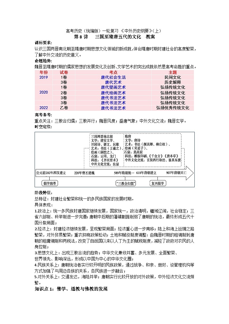 第8讲 三国至隋唐五代的文化 教案--2023届高三统编版2019必修中外历史纲要上册一轮复习第1页