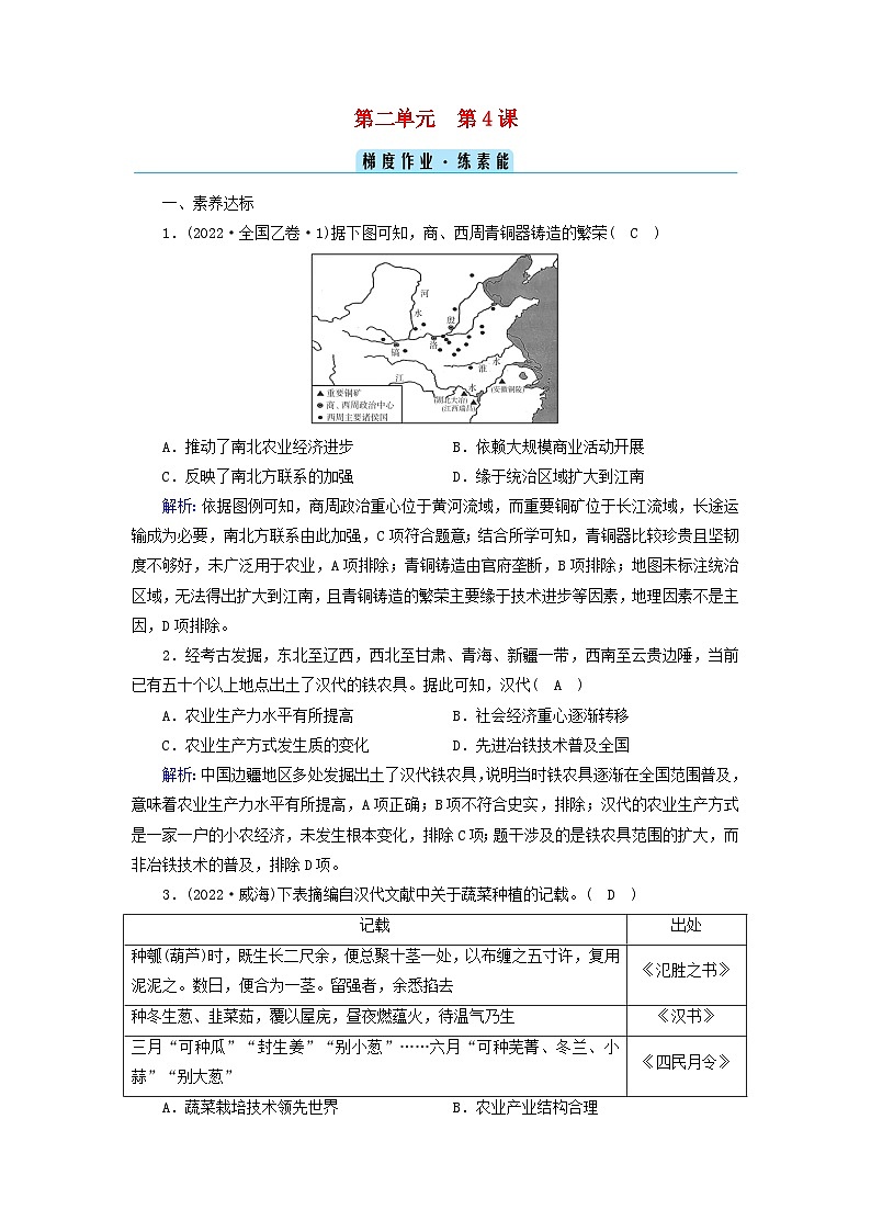 新教材2023年高中历史第2单元生产工具与劳作方式第4课古代的生产工具与劳作梯度作业部编版选择性必修2第1页