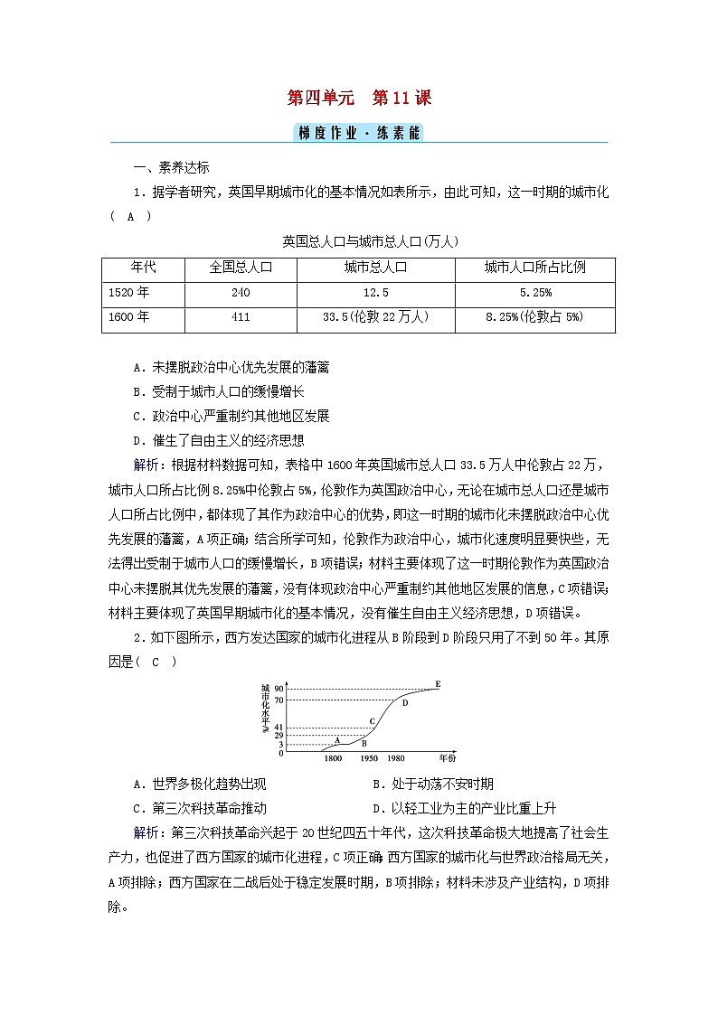 新教材2023年高中历史第4单元村落城镇与居住环境第11课近代以来的城市化进程梯度作业部编版选择性必修2第1页