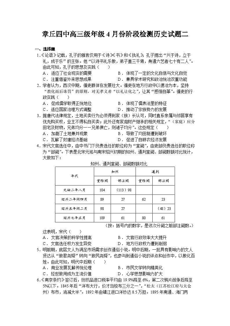 山东省济南市章丘区第四中学2022-2023学年高三下学期4月份阶段检测（二）历史试题及答案第1页