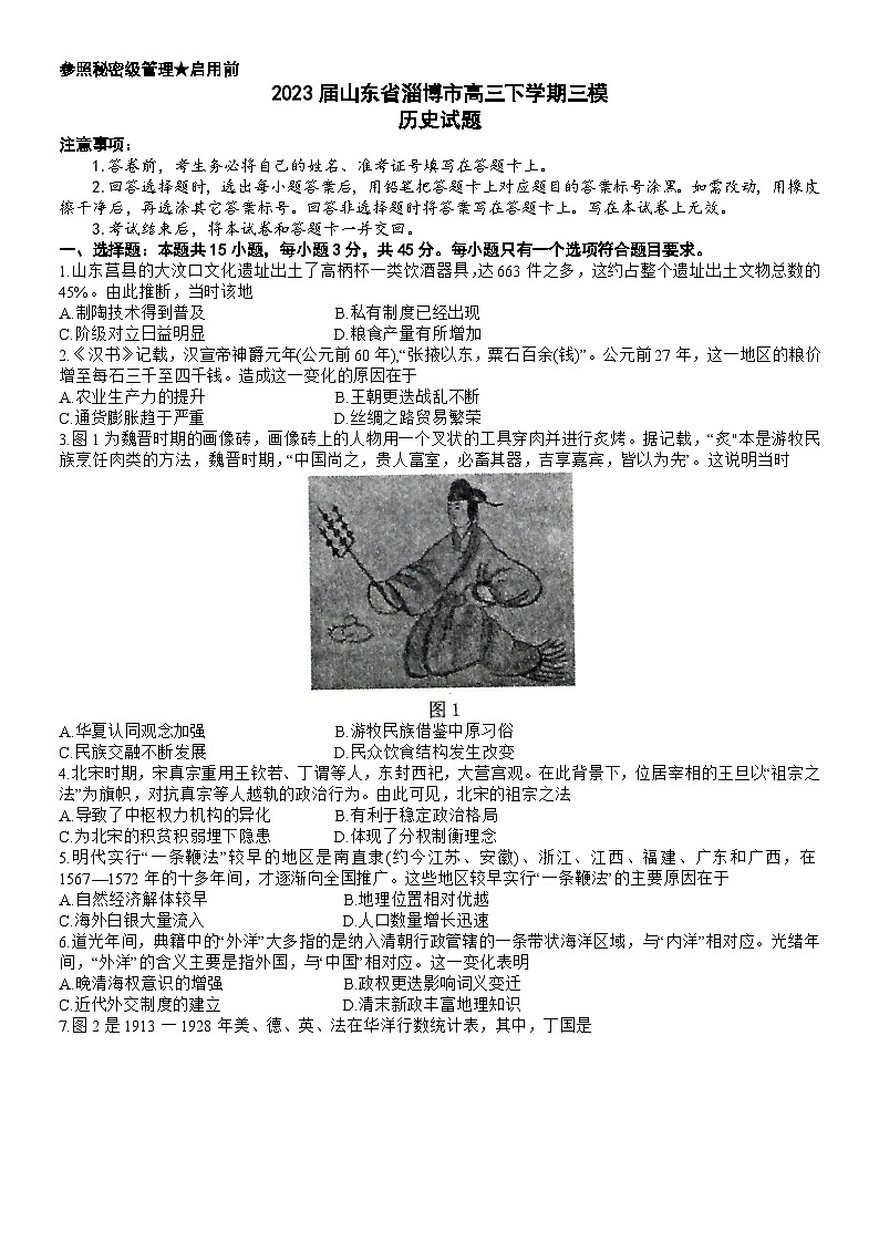 2023届山东省淄博市高三下学期三模历史试题及答案01