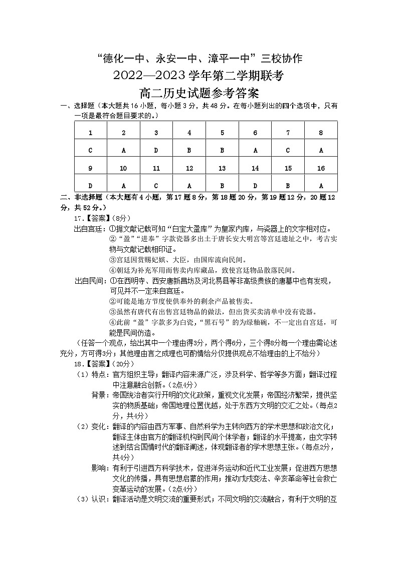 2023年春季高二历史试卷答案第1页