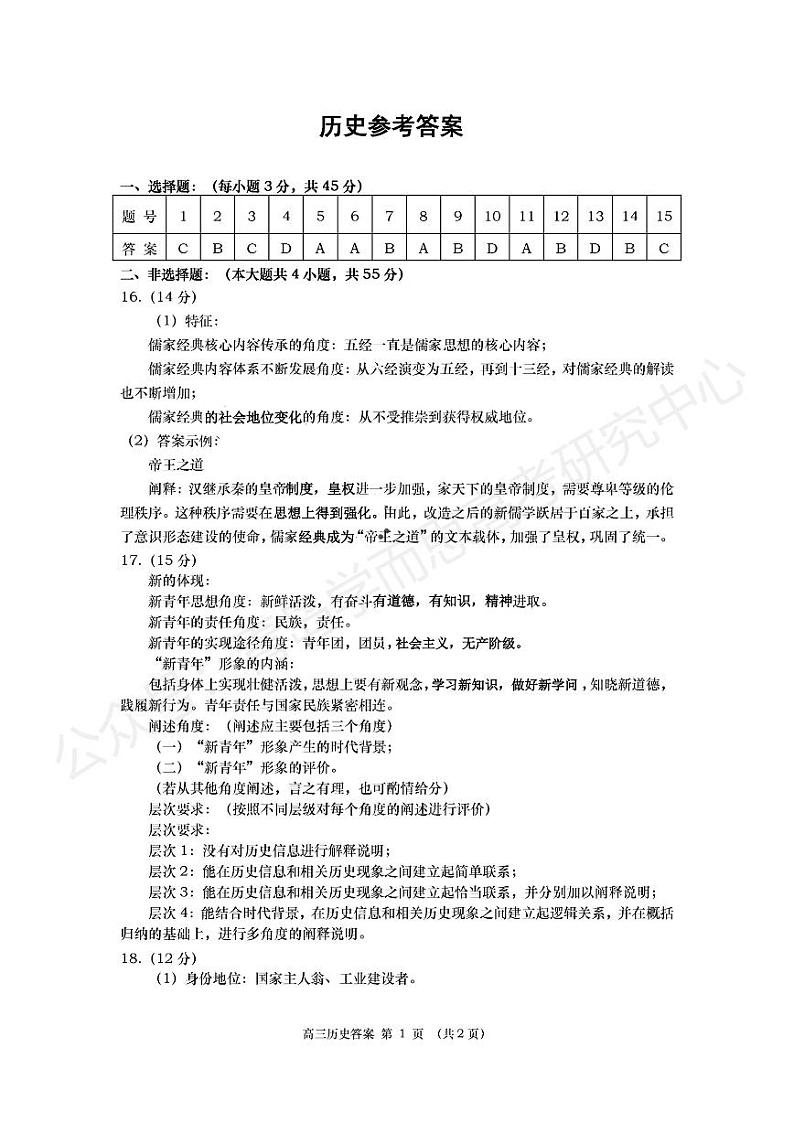2023届山东省青岛市高三第三次适应性检测 历史答案第1页