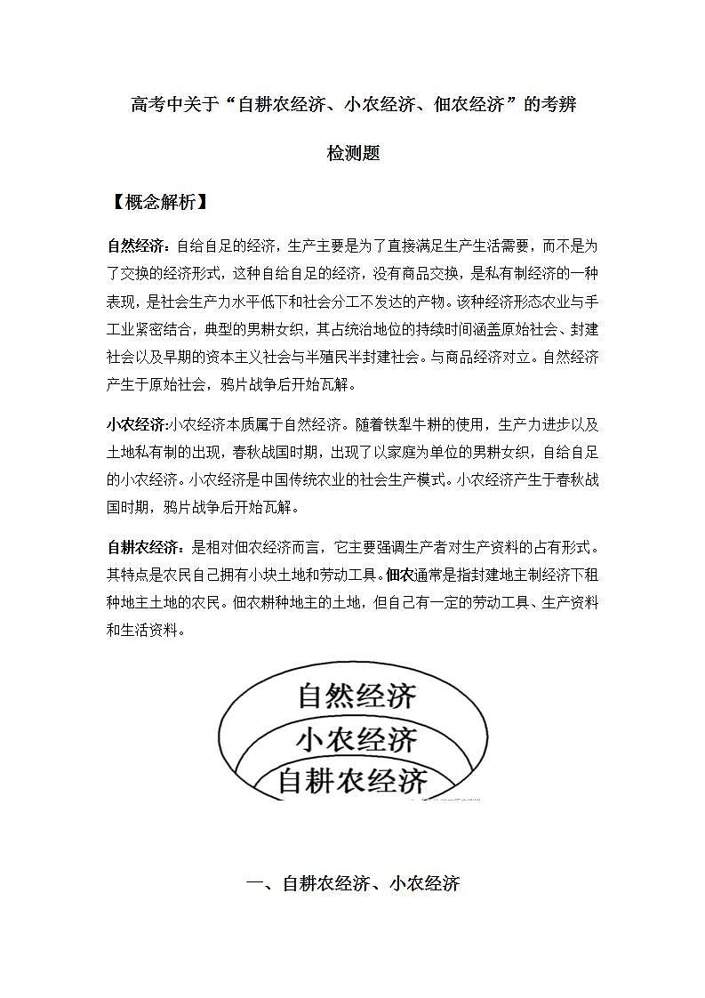 高考中关于“自耕农经济、小农经济、佃农经济”的考辨 检测题 --2023届高三历史三轮复习第1页