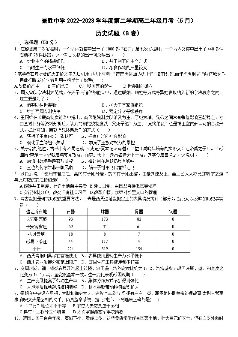 山西省运城市景胜中学2022-2023学年高二5月份月考历史试题（B卷）第1页