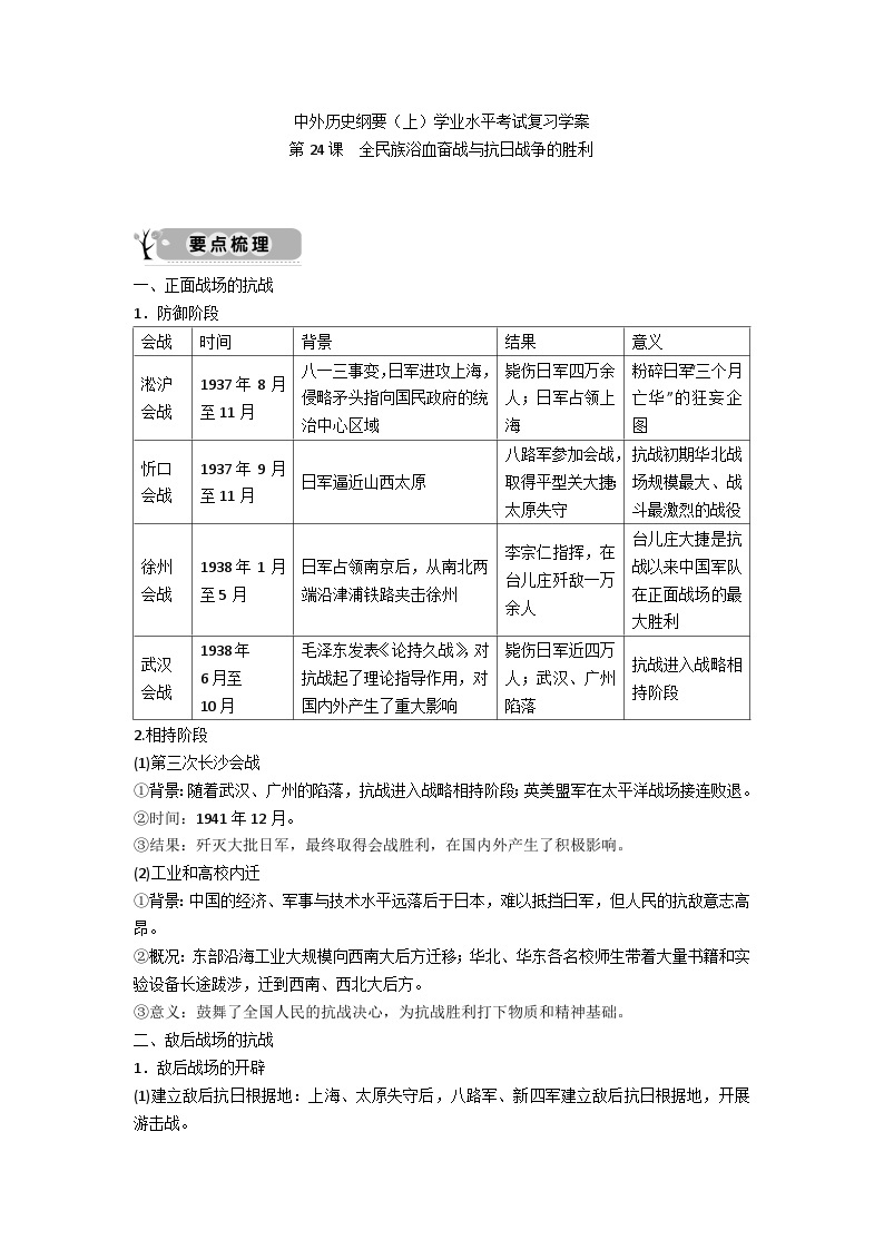 中外历史纲要（上）学业水平考试复习学案 第24课　全民族浴血奋战与抗日战争的胜利01