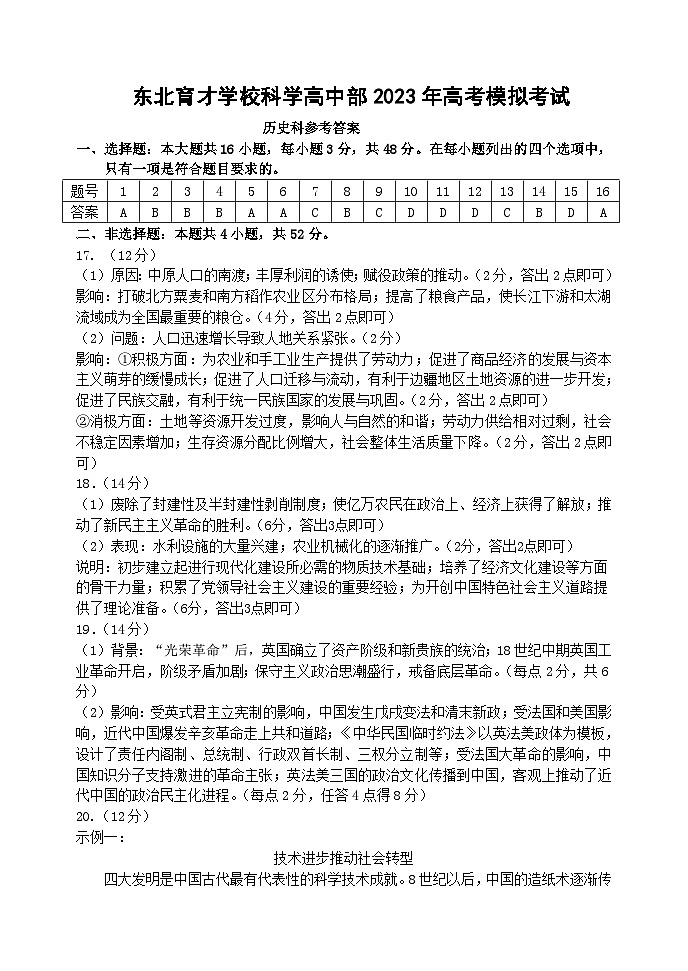 2023届辽宁省沈阳市东北育才学校高三下学期最后一次模拟考试历史试题01