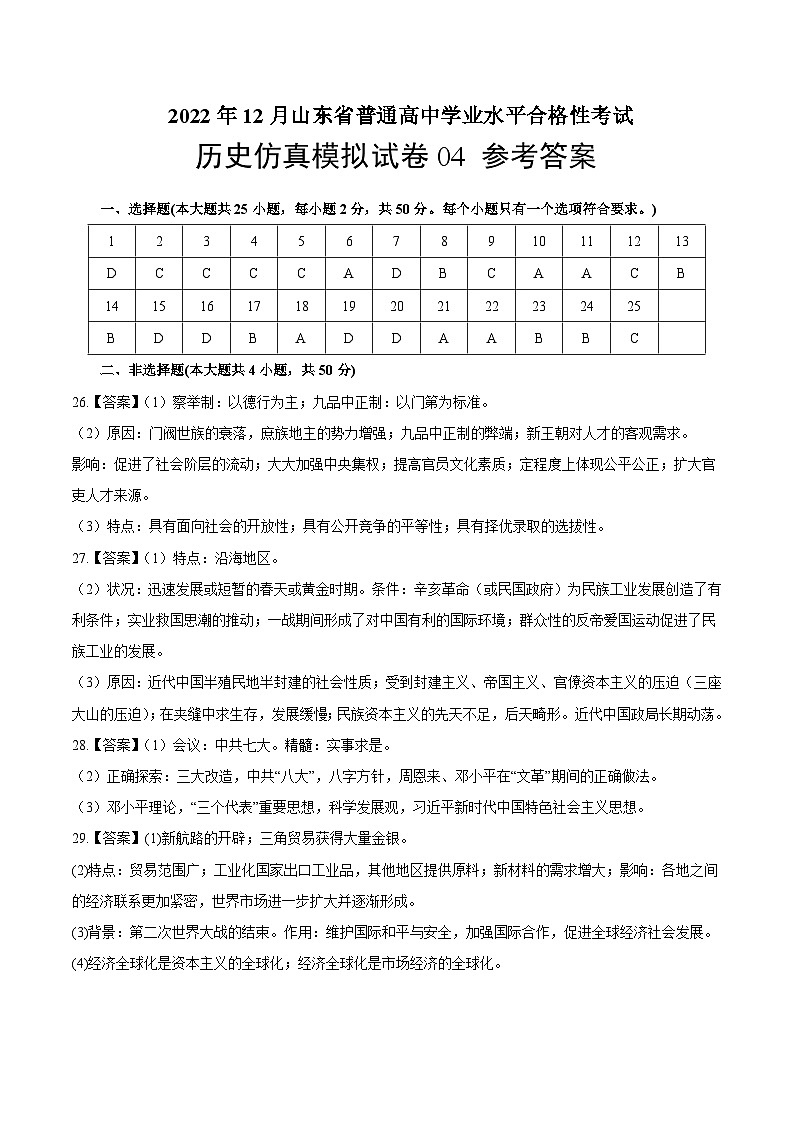 2022年12月山东省普通高中学业水平合格性考试历史模拟卷04（参考答案）第1页