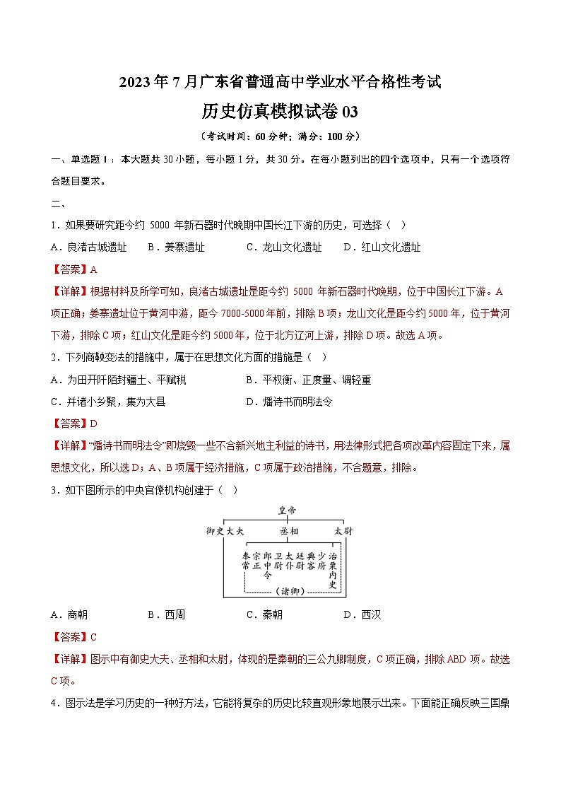 2023年7月广东省普通高中学业水平合格性考试历史模拟卷03（解析版）第1页