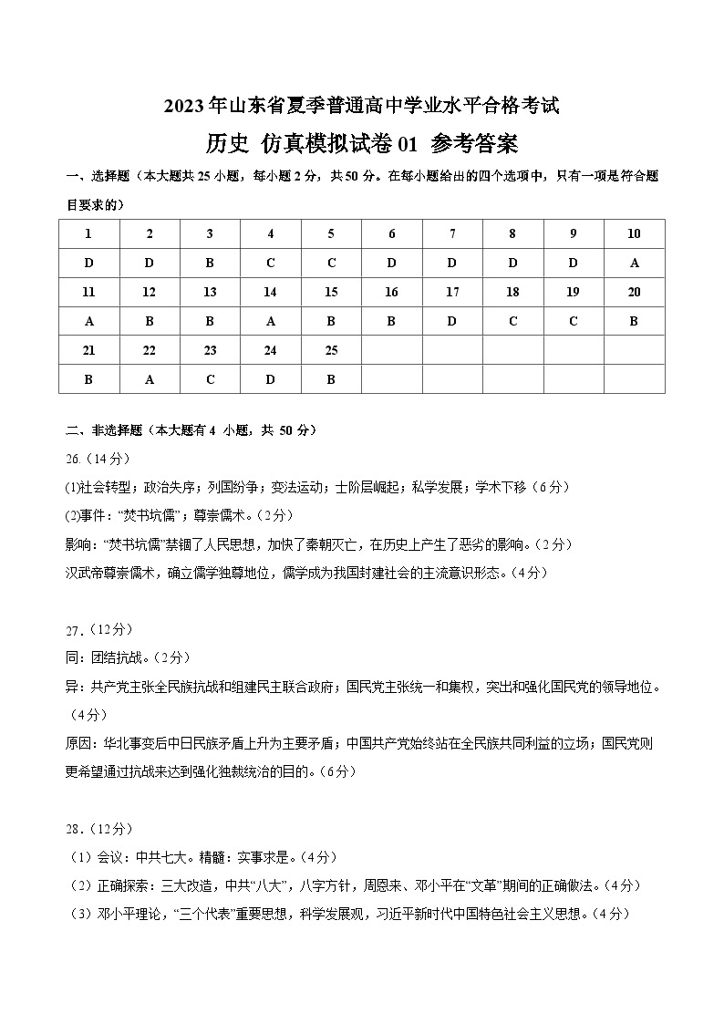 2023年山东省夏季普通高中学业水平合格考试历史模拟卷0101