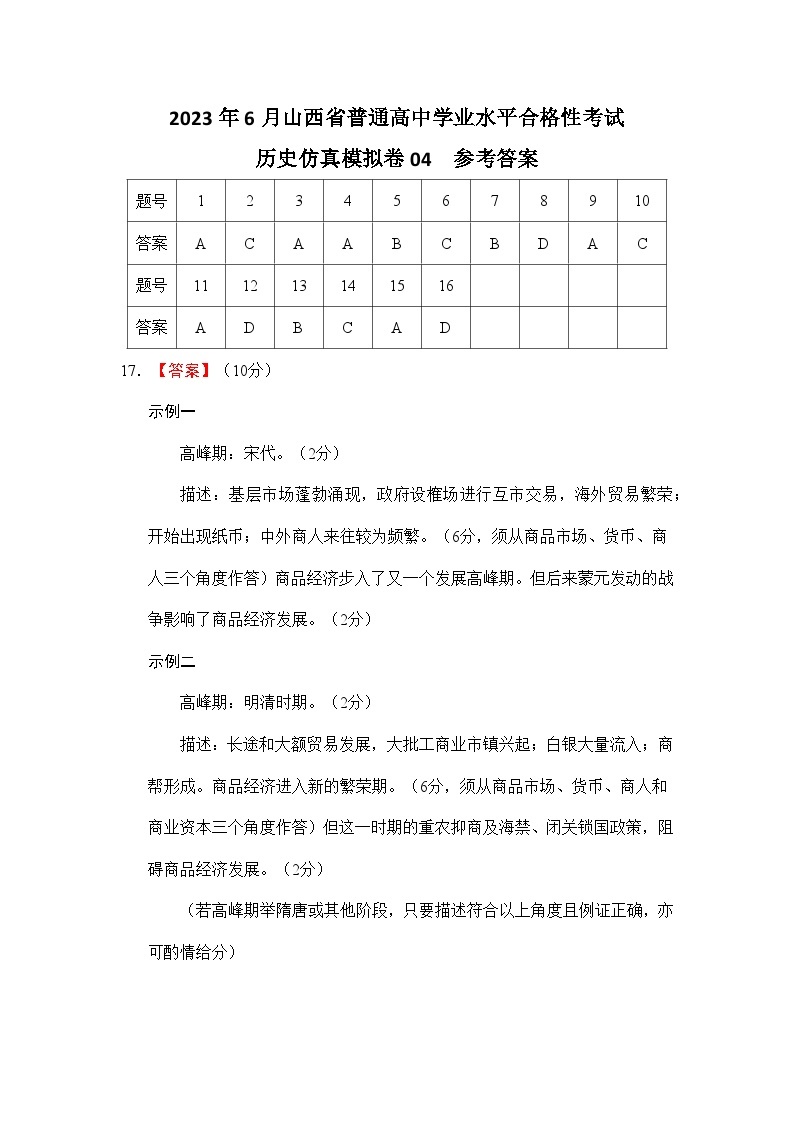2023年6月山西省普通高中学业水平合格性考试历史模拟卷0401