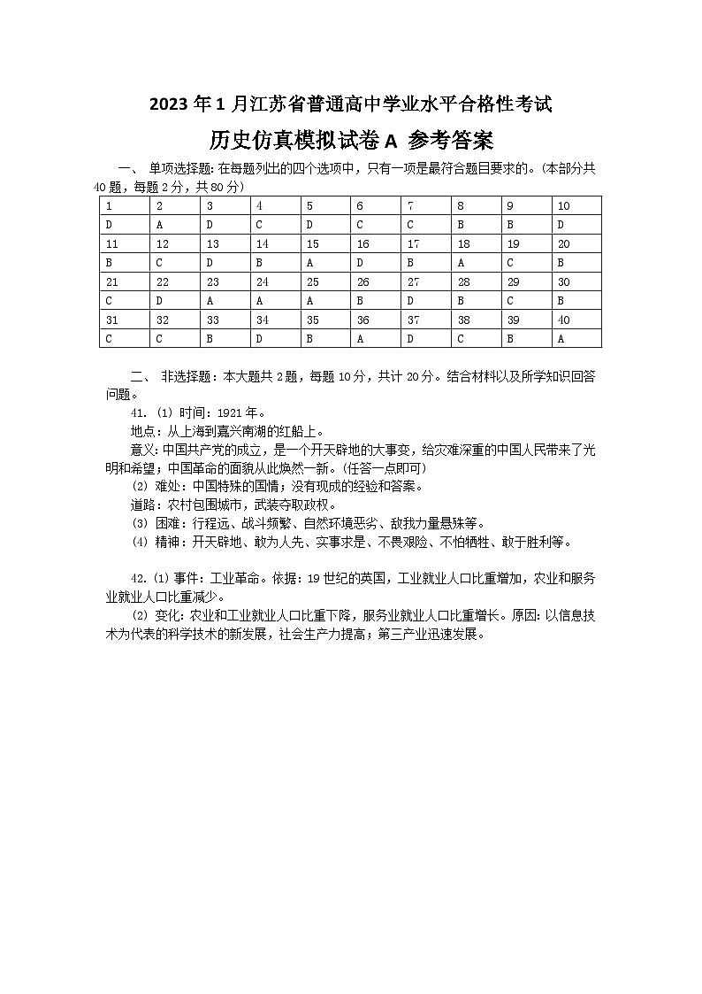 2023年江苏省普通高中学业水平合格性考试历史模拟卷A（含考试版+全解全析+参考答案）01