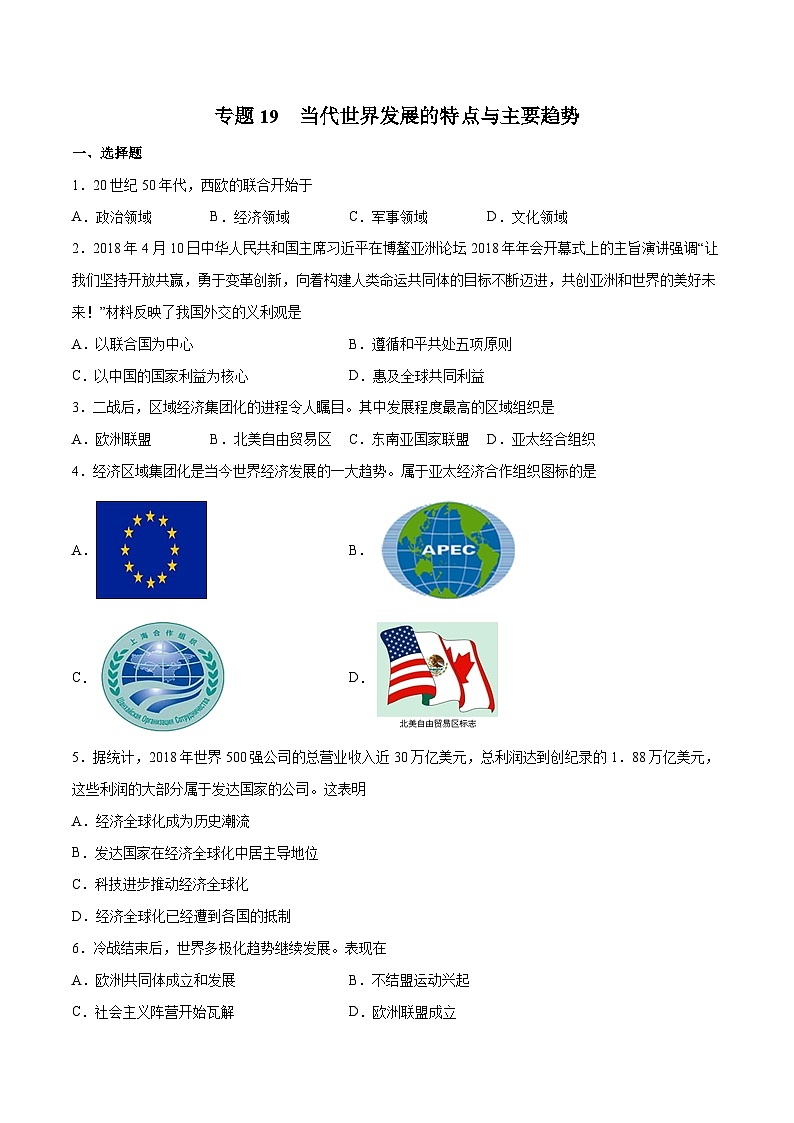 专题19 当代世界发展的特点与主要趋势（原卷版）第1页