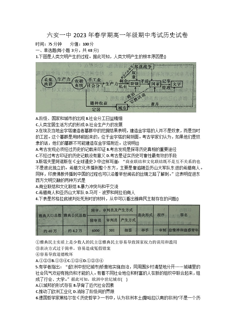 安徽省六安第一中学2022-2023学年高一下学期期中考试历史试题01