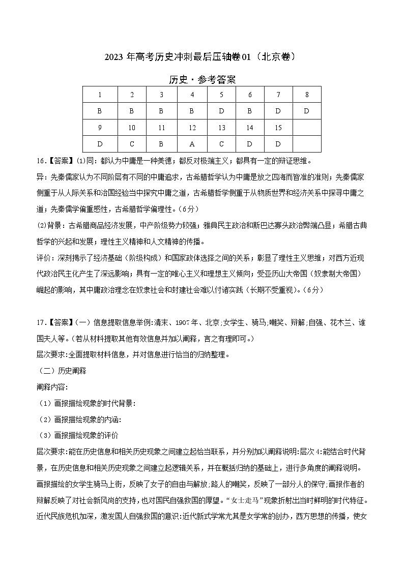 2023年高考历史冲刺最后压轴卷01（北京卷）（参考答案）01