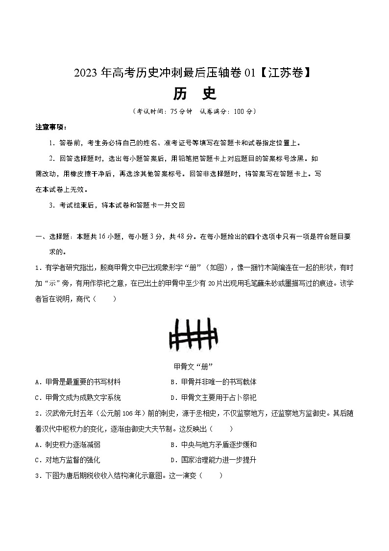2023年高考历史冲刺最后压轴卷01（江苏卷）（考试版）01