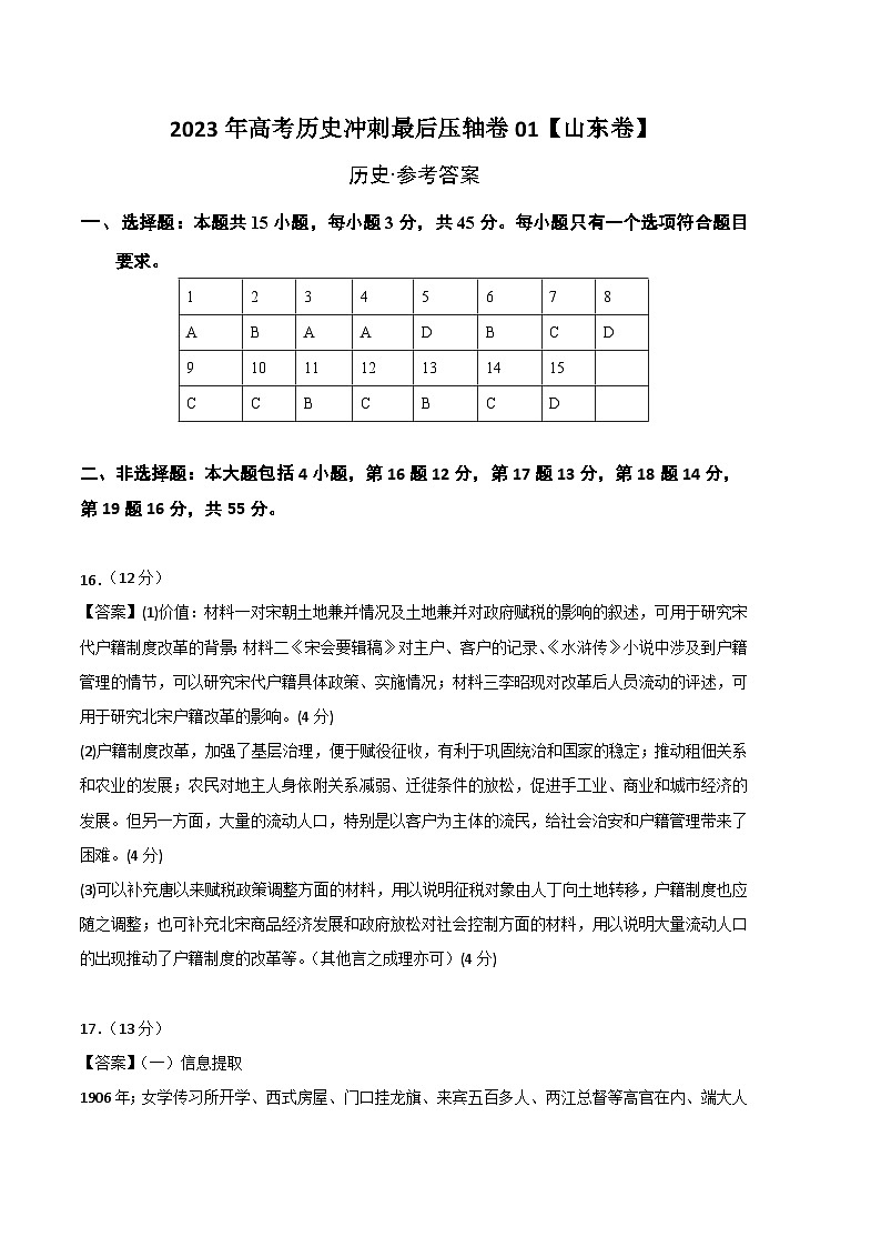 2023年高考历史冲刺最后压轴卷01（山东卷）（参考答案）第1页