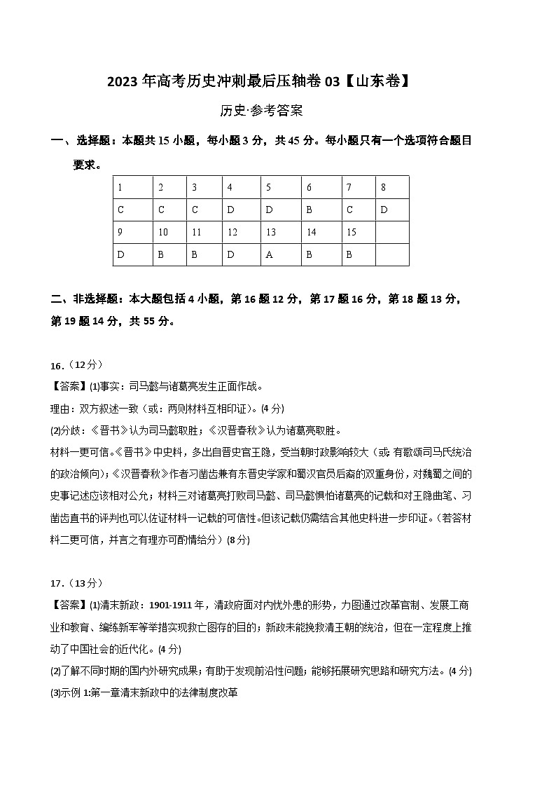 2023年高考历史冲刺最后压轴卷03（山东卷）（参考答案）第1页