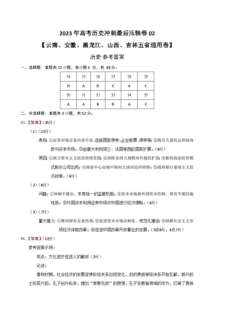 2023年高考历史冲刺最后压轴卷02（云南、安徽、黑龙江、山西、吉林五省通用卷）（参考答案）01