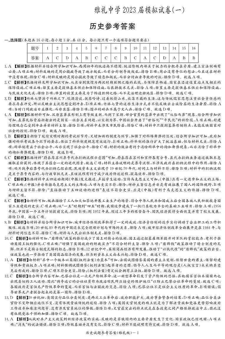 2023届湖南省长沙市雅礼中学高三模拟考试（一）历史01