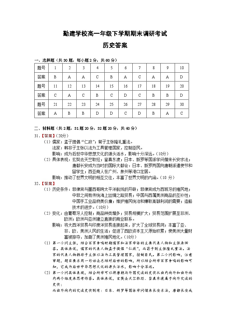 广东省普宁市勤建学校2022-2023学年高一下学期期末调研历史试题01