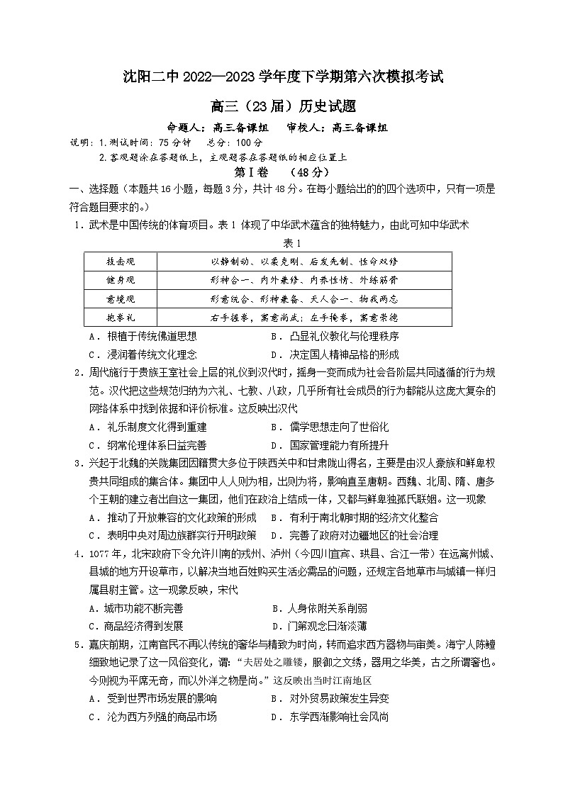 辽宁省沈阳市第二中学2022-2023学年高三下学期第六次模拟考试历史试题第1页