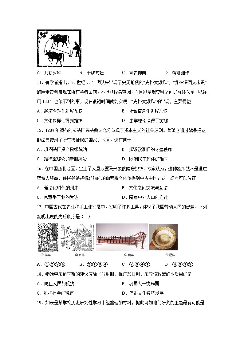 甘肃省武威第六中学2022-2023学年高二下学期期末综合复习历史（选择性必修）练习题03