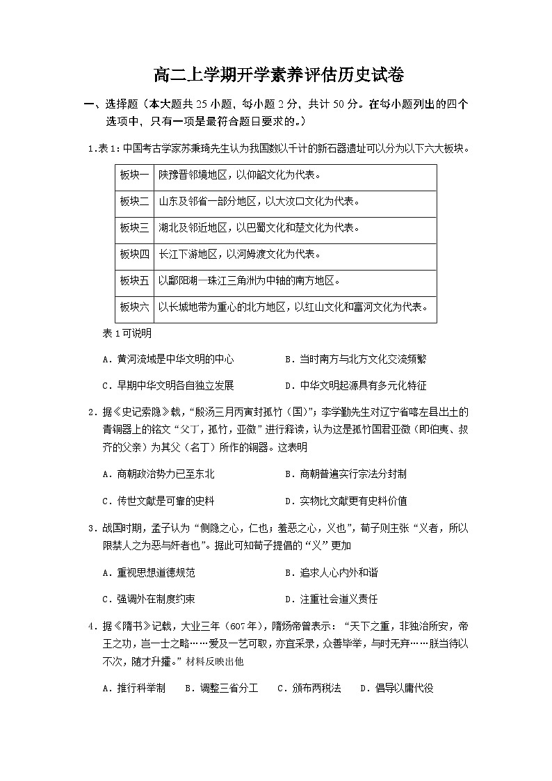 2022-2023学年江西省南昌市洪都中学高二上学期开学素养评估历史试题含答案第1页