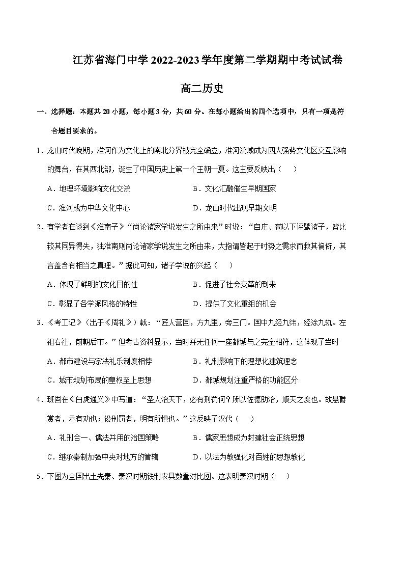2022-2023学年江苏省海门中学高二下学期期中考试历史试题含答案第1页