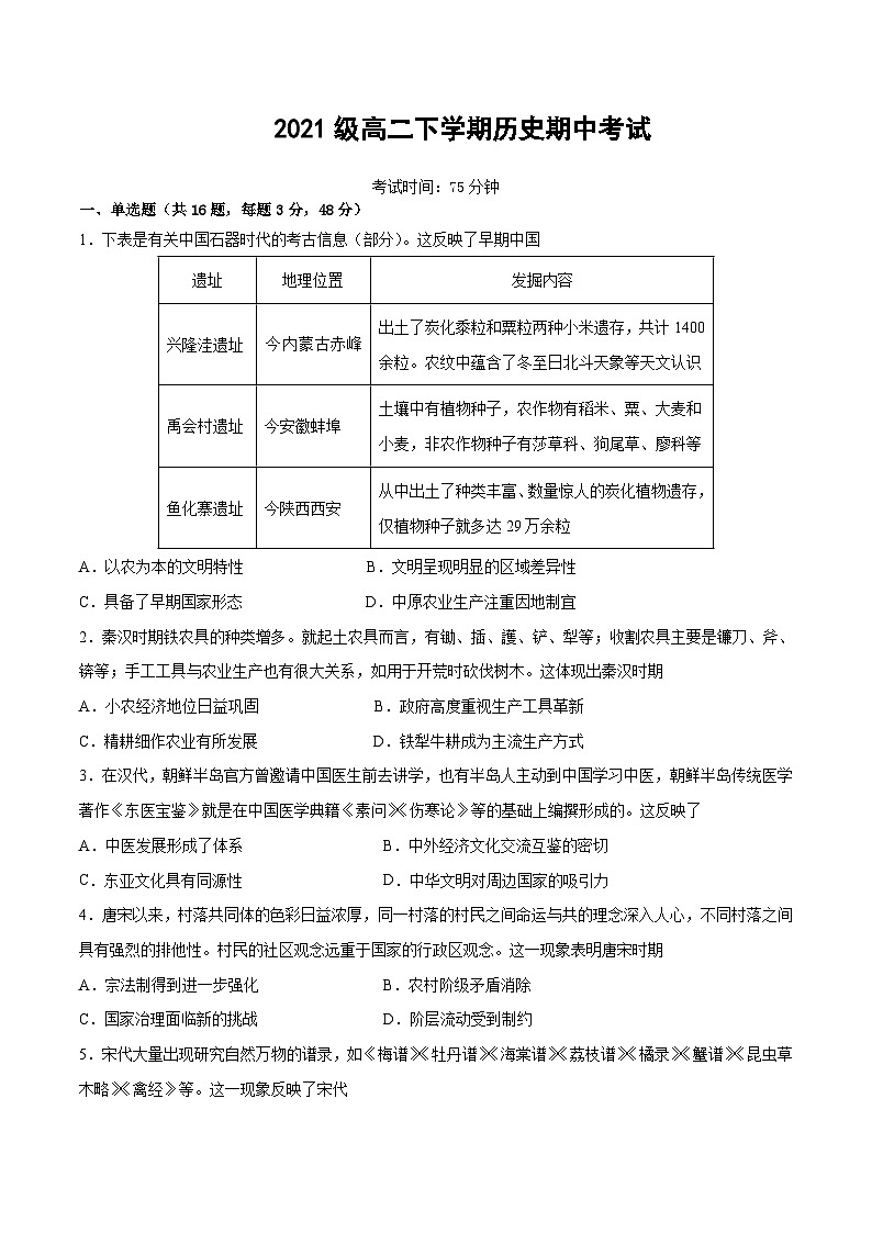 2022-2023学年安徽省卓越中联盟高二下学期期中考试历史试题含答案01