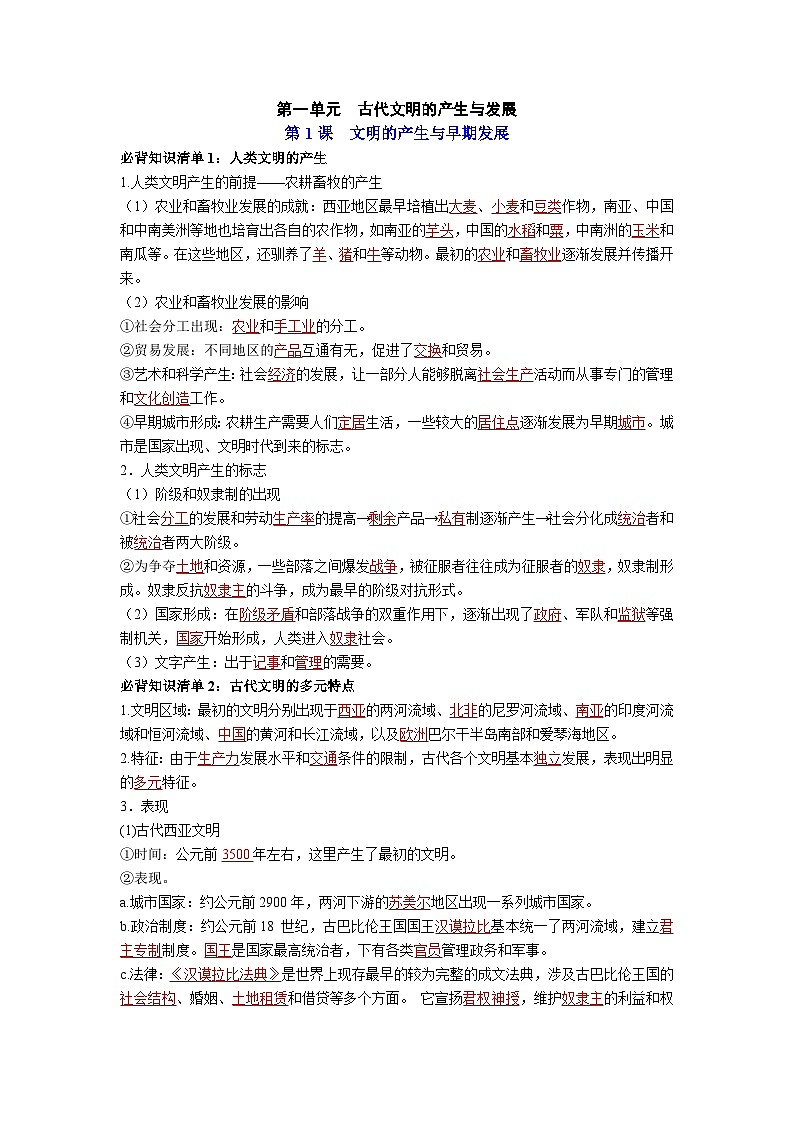 第一单元  古代文明的产生与发展——【期末复习】高中历史全册必背知识点梳理（中外历史纲要下册）01