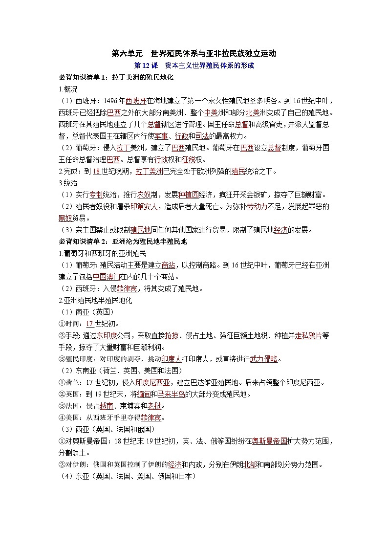 第六单元  世界殖民体系与亚非拉民族独立运动——【期末复习】高中历史全册必背知识点梳理（中外历史纲要下册）01