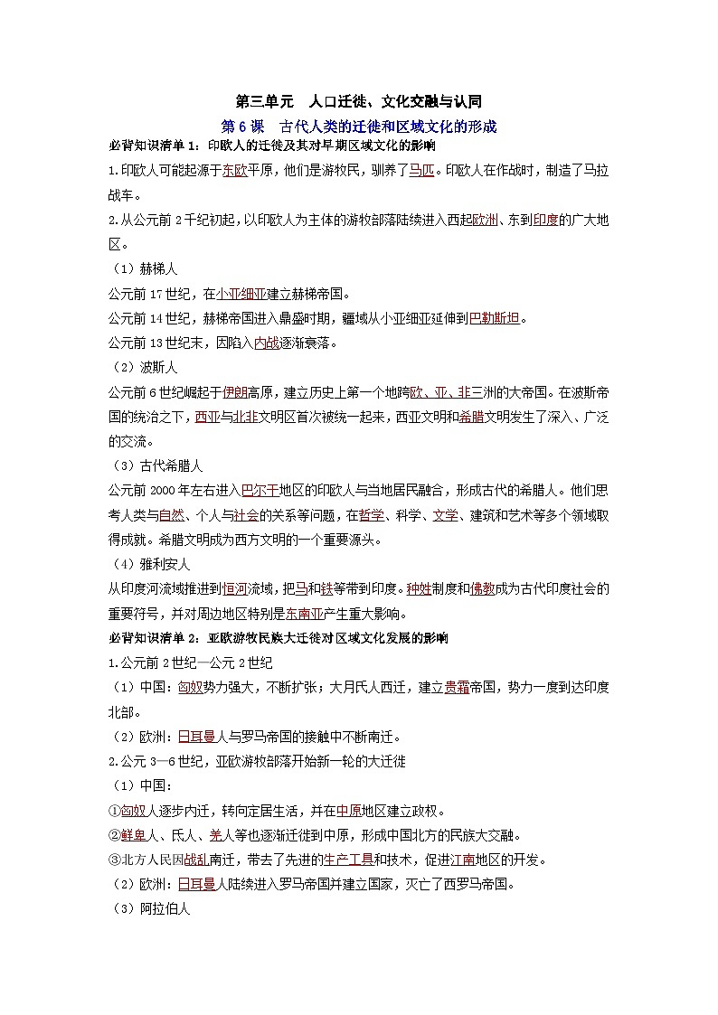 第三单元  人口迁徙、文化交融与认同 ——【期末复习】高中历史全册必背知识点梳理（选择性必修三）01